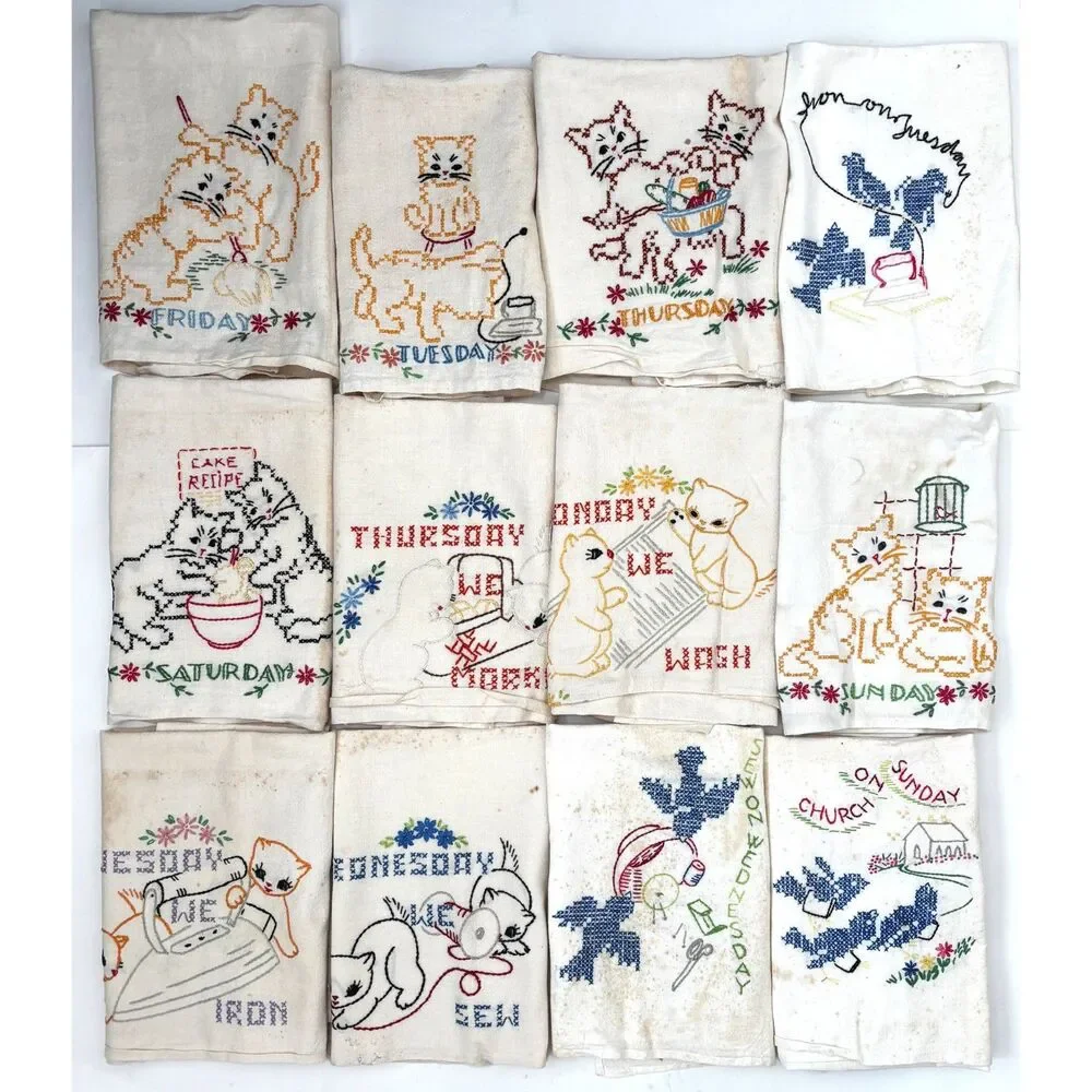 Vintage CUTTER Weekday Flour Sack Dish Towel Embroidered Kitten Bluebird Cottage